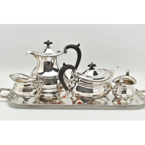 201 - A FOUR PIECE SILVER PLATED TEA SET WITH TRAY, comprising of a polished teapot, coffee pot, sugar bow... 