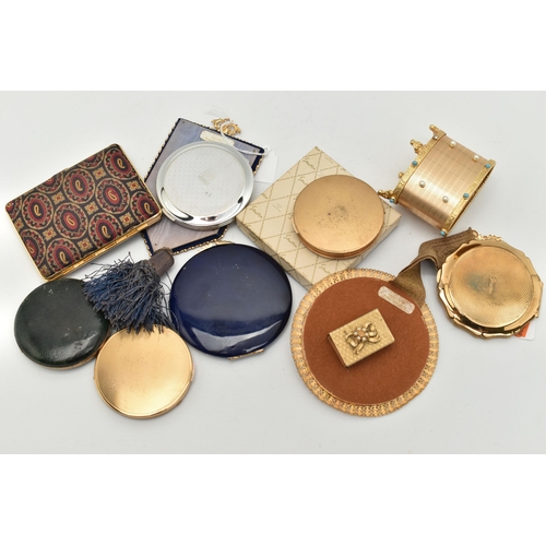 202 - A BOX OF COMPACTS AND TWO MINIATURE PORTRAITS, to include a blue lacquer 'Gucci' compact, three 'Str... 