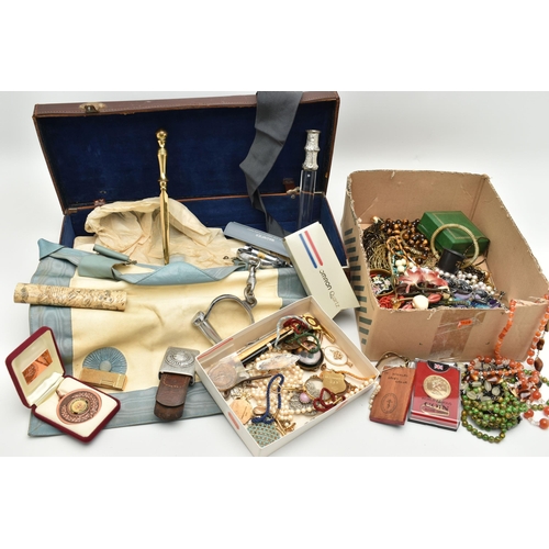 203 - A BOX OF ASSORTED COSTUME JEWELLERY, to include a spherical tigers eye bead necklace fitted with a b... 