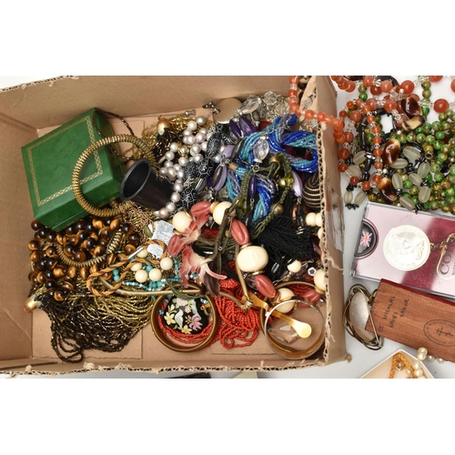 203 - A BOX OF ASSORTED COSTUME JEWELLERY, to include a spherical tigers eye bead necklace fitted with a b... 