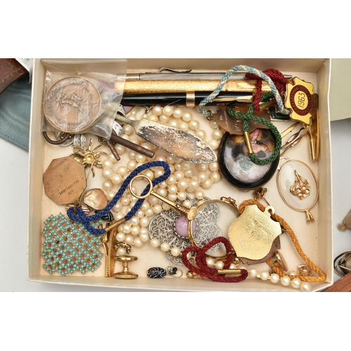 203 - A BOX OF ASSORTED COSTUME JEWELLERY, to include a spherical tigers eye bead necklace fitted with a b... 