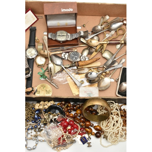 204 - A BOX OF ASSORTED ITEMS, to include a small selection of beaded necklaces, a selection of wristwatch... 