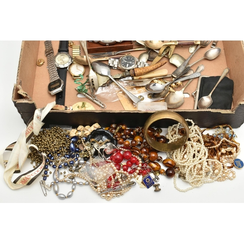 204 - A BOX OF ASSORTED ITEMS, to include a small selection of beaded necklaces, a selection of wristwatch... 