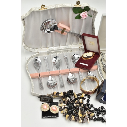 205 - A BOX OF ASSORTED JEWELLERY AND WATCHES, to include a pair of 'Monet' stud earrings, a pair of 'Trif... 