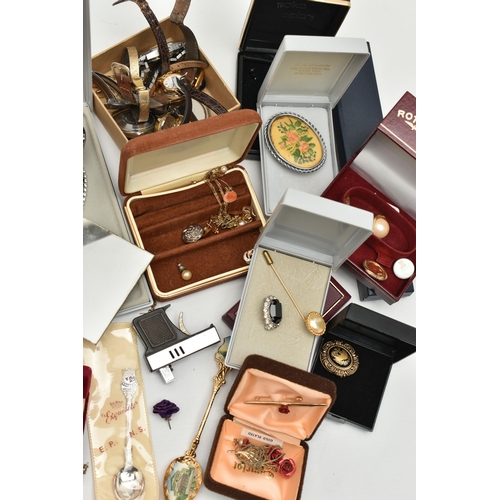 205 - A BOX OF ASSORTED JEWELLERY AND WATCHES, to include a pair of 'Monet' stud earrings, a pair of 'Trif... 