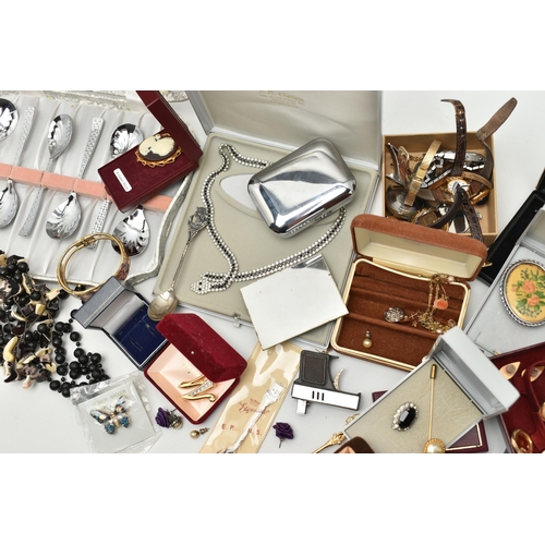 205 - A BOX OF ASSORTED JEWELLERY AND WATCHES, to include a pair of 'Monet' stud earrings, a pair of 'Trif... 