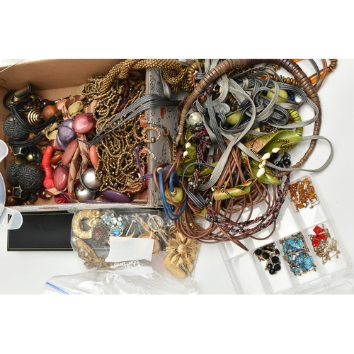 207 - A BOX OF ASSORTED ITEMS, to include costume beaded necklaces, six small storage boxes with costume e... 