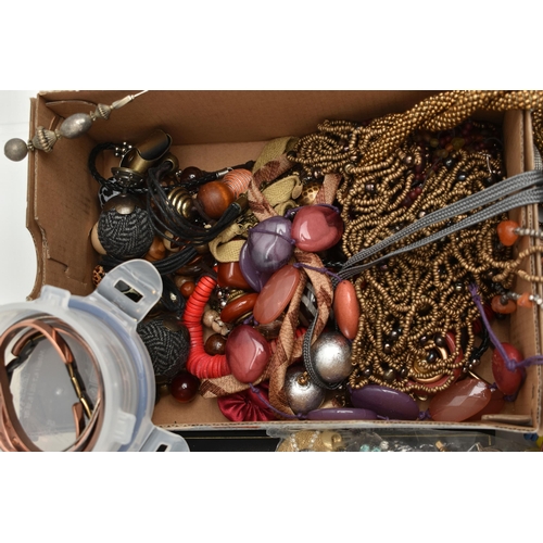 207 - A BOX OF ASSORTED ITEMS, to include costume beaded necklaces, six small storage boxes with costume e... 