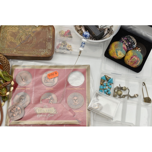 207 - A BOX OF ASSORTED ITEMS, to include costume beaded necklaces, six small storage boxes with costume e... 