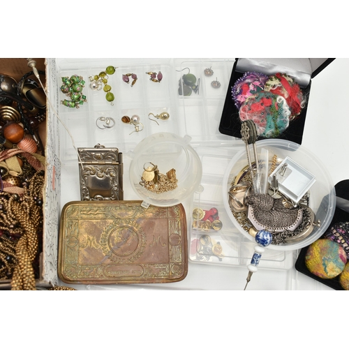 207 - A BOX OF ASSORTED ITEMS, to include costume beaded necklaces, six small storage boxes with costume e... 