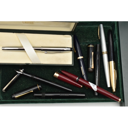 208 - A WOODEN BOX WITH ASSORTED PENS, a hinged wooden box encasing a selection of fountain pens, names to... 