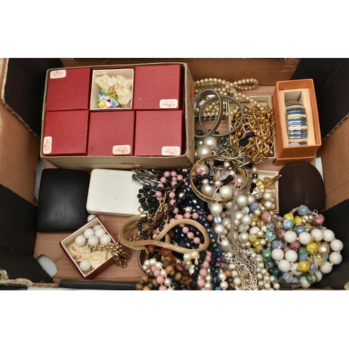 209 - TWO BOXES OF ASSORTED ITEMS, to include imitation pearl necklaces, beaded necklaces, arm cuffs, cuff... 