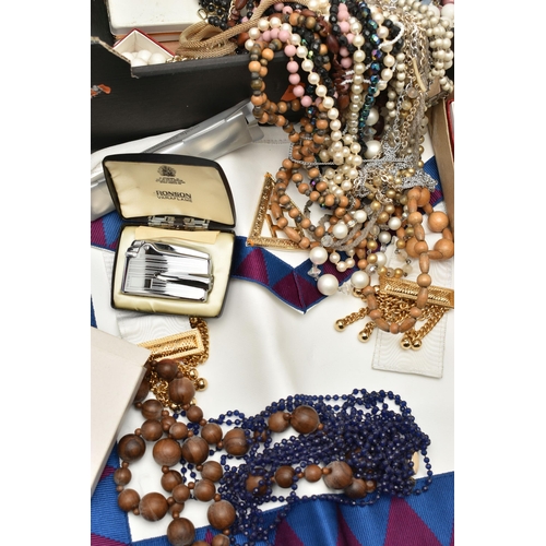 209 - TWO BOXES OF ASSORTED ITEMS, to include imitation pearl necklaces, beaded necklaces, arm cuffs, cuff... 