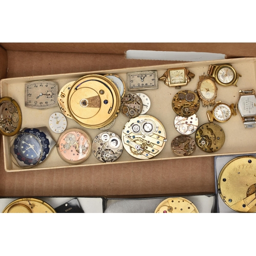 211 - A BOX OF ASSORTED WATCH PARTS, to include a large selection of watch movements, names to include Rot... 