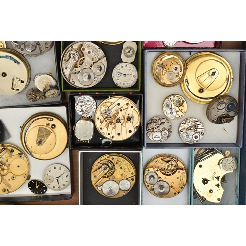 211 - A BOX OF ASSORTED WATCH PARTS, to include a large selection of watch movements, names to include Rot... 