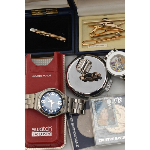 212 - A BOX OF ASSORTED ITEMS, to include a selection of watches, names to include Swatch Irony, Swatch, S... 