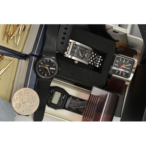 212 - A BOX OF ASSORTED ITEMS, to include a selection of watches, names to include Swatch Irony, Swatch, S... 