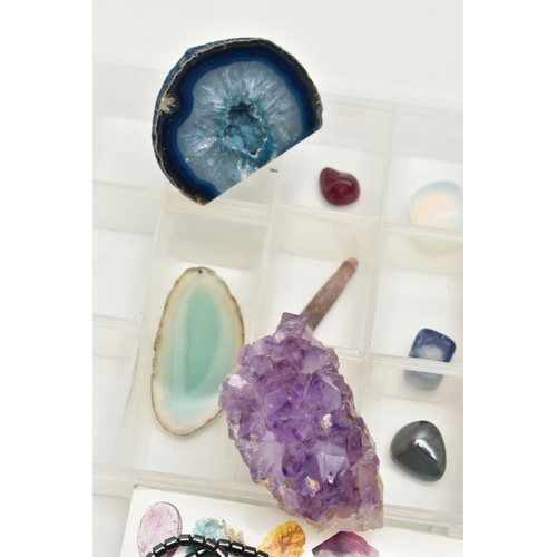 213 - A SELECTION OF GEMSTONE SPECIMENS, to include an amethyst geode, an amethyst crystal specimen, a dye... 