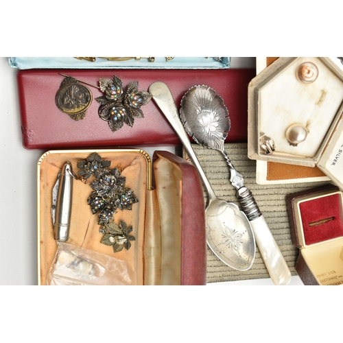 214 - A BOX OF ASSORTED ITEMS, to include imitation pearl necklaces, beaded costume necklaces, a white met... 