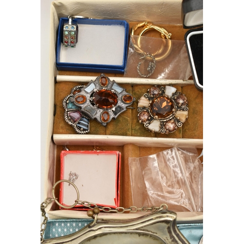 214 - A BOX OF ASSORTED ITEMS, to include imitation pearl necklaces, beaded costume necklaces, a white met... 