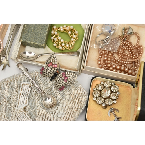 214 - A BOX OF ASSORTED ITEMS, to include imitation pearl necklaces, beaded costume necklaces, a white met... 