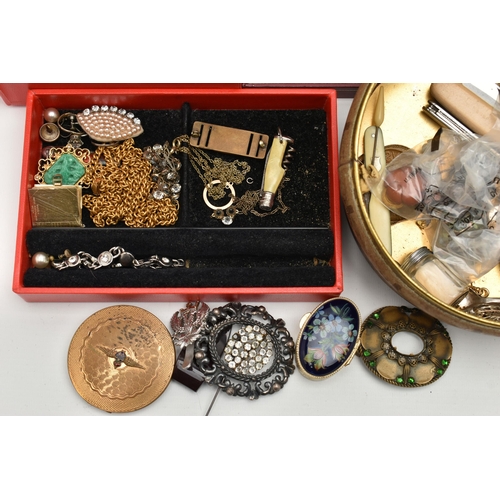 216 - A BOX OF ASSORTED ITEMS, to include a red jewellery box with contents of costume jewellery, stick pi... 