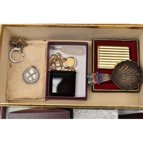 216 - A BOX OF ASSORTED ITEMS, to include a red jewellery box with contents of costume jewellery, stick pi... 