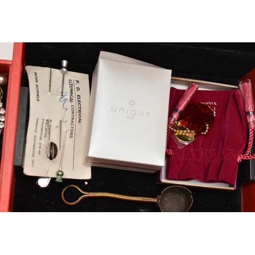 216 - A BOX OF ASSORTED ITEMS, to include a red jewellery box with contents of costume jewellery, stick pi... 