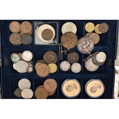 218 - AN ASSORTMENT OF CUTLERY AND COINS, to include a selection of white metal cutlery, two guernsey one ... 