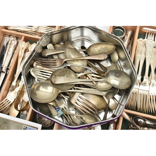 218 - AN ASSORTMENT OF CUTLERY AND COINS, to include a selection of white metal cutlery, two guernsey one ... 