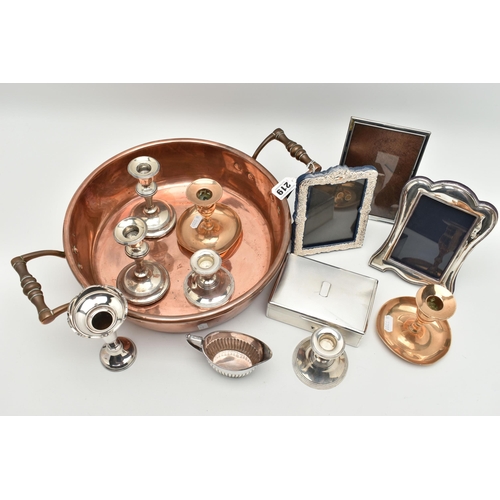 219 - SILVER ITEMS AND A COPPER BOWL, to include a silver cigarette box, engine turned pattern with vacant... 