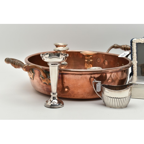 219 - SILVER ITEMS AND A COPPER BOWL, to include a silver cigarette box, engine turned pattern with vacant... 