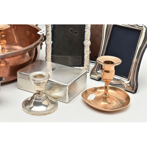 219 - SILVER ITEMS AND A COPPER BOWL, to include a silver cigarette box, engine turned pattern with vacant... 