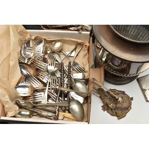 220 - A BOX OF ASSORTED WHITE METAL WARE, to include boxed sets of cutlery, EPNS tankard, teapots, condime... 