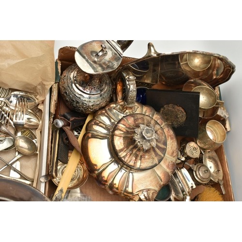 220 - A BOX OF ASSORTED WHITE METAL WARE, to include boxed sets of cutlery, EPNS tankard, teapots, condime... 