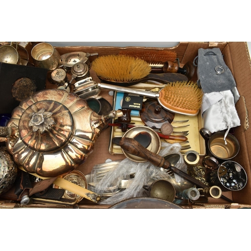 220 - A BOX OF ASSORTED WHITE METAL WARE, to include boxed sets of cutlery, EPNS tankard, teapots, condime... 