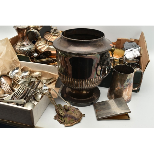 220 - A BOX OF ASSORTED WHITE METAL WARE, to include boxed sets of cutlery, EPNS tankard, teapots, condime... 