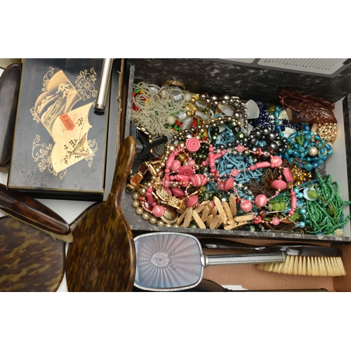 221 - A BOX OF ASSORTED ITEMS, to include various beaded necklaces, a carved bone bead necklace, bracelets... 