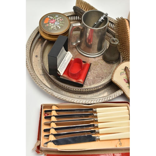 222 - A BOX OF ASSORTED ITEMS, to include a cased set of six silver teaspoons, each hallmarked 'C T Burrow... 