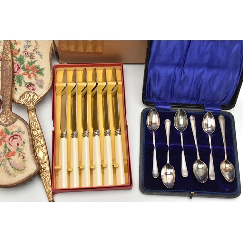 222 - A BOX OF ASSORTED ITEMS, to include a cased set of six silver teaspoons, each hallmarked 'C T Burrow... 