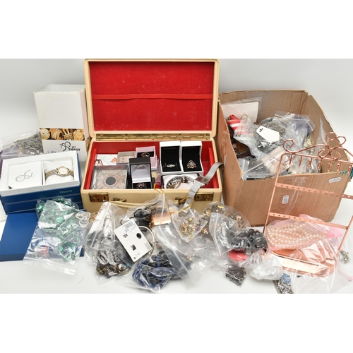 224 - A BOX OF ASSORTED COSTUME JEWELLERY, to include a cream jewellery box with contents, to include ring... 