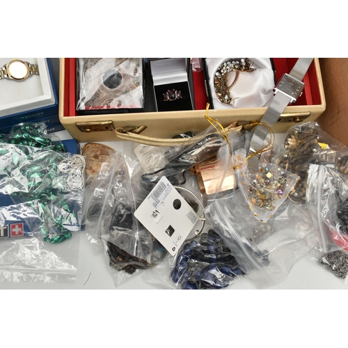 224 - A BOX OF ASSORTED COSTUME JEWELLERY, to include a cream jewellery box with contents, to include ring... 