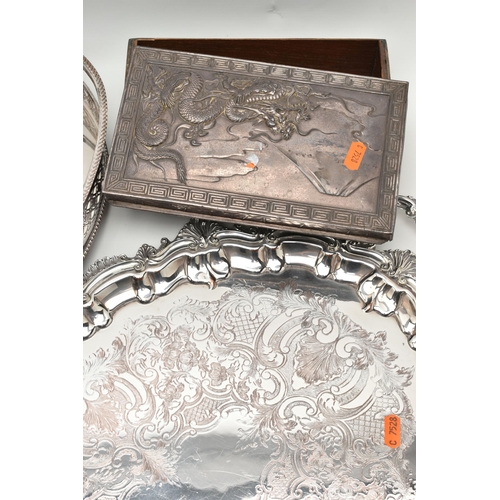 225 - ASSORTED WHITE METAL WARE, to include a silver plated on copper oval tray, a floral double handled t... 