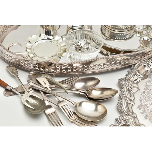 225 - ASSORTED WHITE METAL WARE, to include a silver plated on copper oval tray, a floral double handled t... 