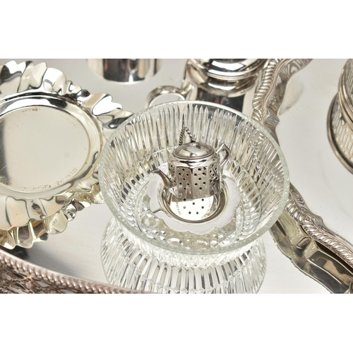 225 - ASSORTED WHITE METAL WARE, to include a silver plated on copper oval tray, a floral double handled t... 