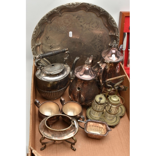 226 - A BOX OF WHITE METAL WARE, to include a four piece silver plated tea set, comprising of a teapot, co... 