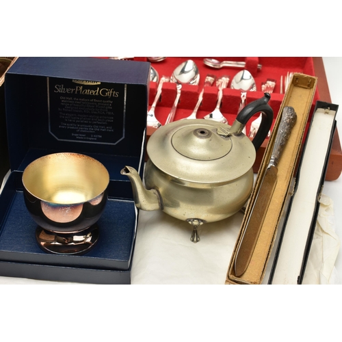 226 - A BOX OF WHITE METAL WARE, to include a four piece silver plated tea set, comprising of a teapot, co... 