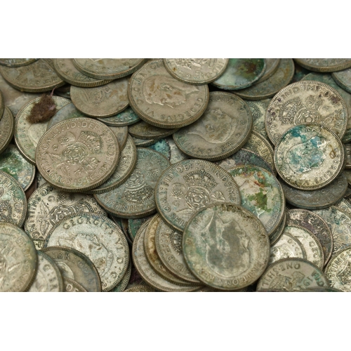 232 - A CARDBOARD BOX CONTAINING 20TH CENTURY .500 SILVER COINS, with over 6000 grams of mostly Florin coi... 