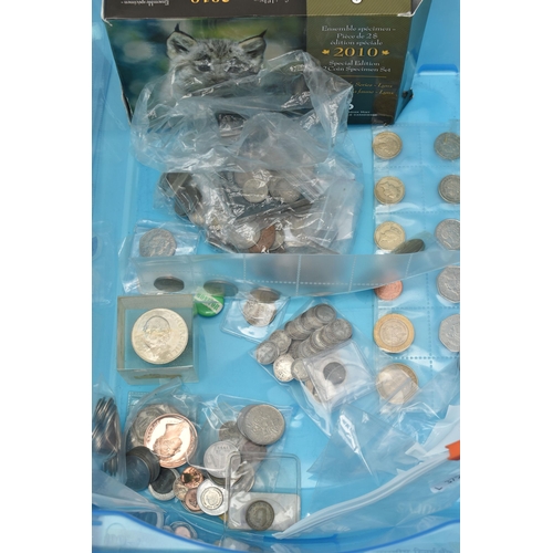 235 - A PLASTIC STORAGE TUB CONTAINING COINS AND BANKNOTES, to include an album of 'The History Of World W... 