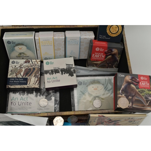 239 - A CASE FULL OF ROYAL MINT COINS, to include sealed pack of 50P coins, 2018 People Act x2, Snowman & ... 